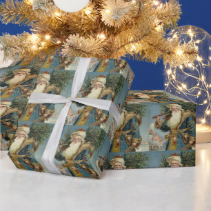 Papier Cadeau Père Noël victorien vintage avec sapin de Noël