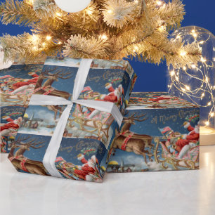 Papier Cadeau Père Noël vintage à Sleigh survolant le village