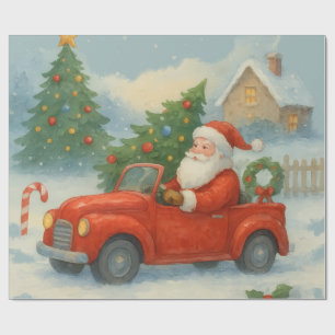 Papier Cadeau Père Noël Vintage Conduisant une Voiture Rouge Aqu