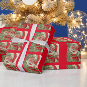 Papier Cadeau Père Noël vintage qui regarde autour d'un arbre