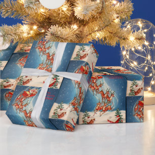Papier Cadeau Père Noël vintage Sleigh et vol de renne