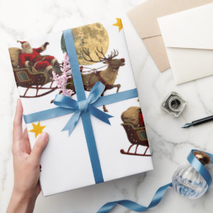 Papier Cadeau Père Noël volant vintage avec rennes