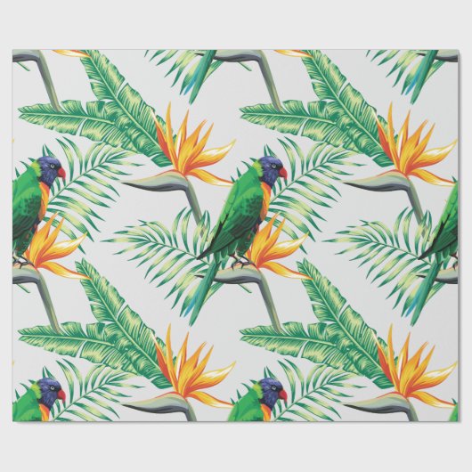 Papier Cadeau Perroquet Exotique Et Fleurs Oranges (Plat)