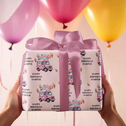 Papier Cadeau Personalized Ice Cream Truck Pink Birthday
