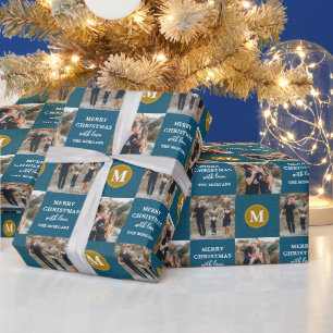 Papier Cadeau Personnalisé 2 Photo Monogram Blue Gold Holiday