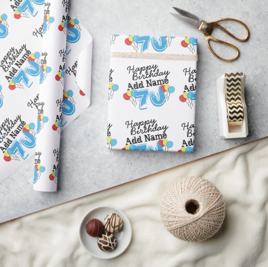 Papier Cadeau Personnalisé 70e anniversaire Ajouter un nom Bleu (Artisanat)