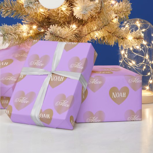 Papier Cadeau Personnalisé Deux Coeurs D'Or, Mauve (Vacances)