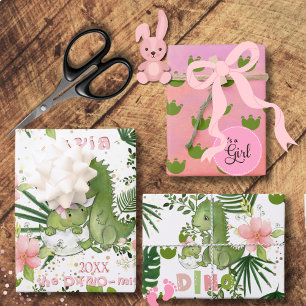 Papier cadeau personnalisé Dinosaure Rose et Feuil