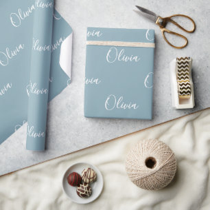 Papier Cadeau Personnalisé Dusty Blue Modern Script Nom