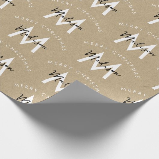 Papier Cadeau Personnalisé moderne Joyeux Noël Kraft Monogramme (Coin)