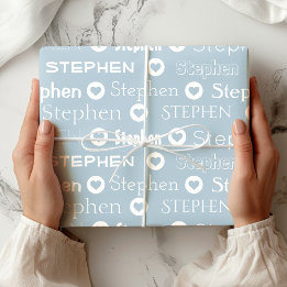 Papier Cadeau Personnalisé Nom personnalisé Motif de coeur bleu