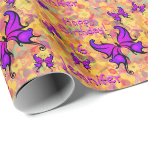 Papier Cadeau Personnaliser le nom Age Purple Papillon Rouleau d