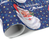 Papier Cadeau Personnaliser le nom Noël Père Noël Bleu (Coin rond)