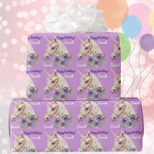 Papier Cadeau Personnaliser le nom Unicorn Girls Birthday Cadeau