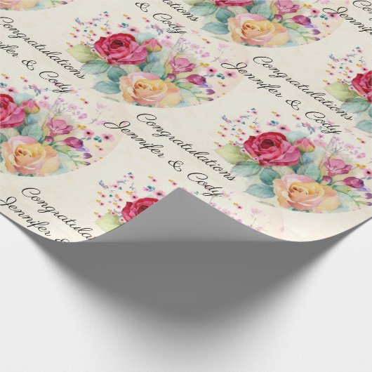 Papier Cadeau Personnaliser les noms des Mariages rose et jaune (Coin)