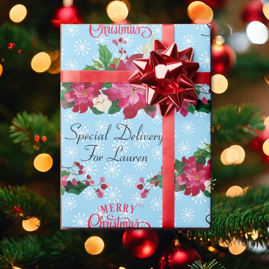 Papier Cadeau Personnaliser Nom Poinsettia Snowflakes Noël W