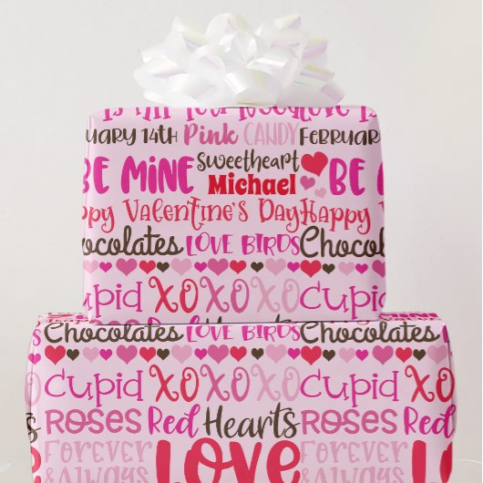 Papier Cadeau Personnaliser Nom Valentines Jour Coeurs rouges ro