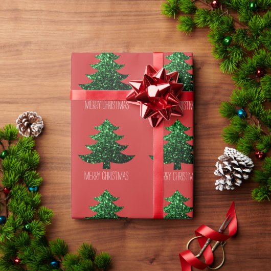 Papier Cadeau Personnaliser Sparkly sapin vert étincelant rouge (Cadeau de vacances)