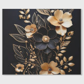 Papier Cadeau Pétales d'or : Floral sur Noir (Plat)