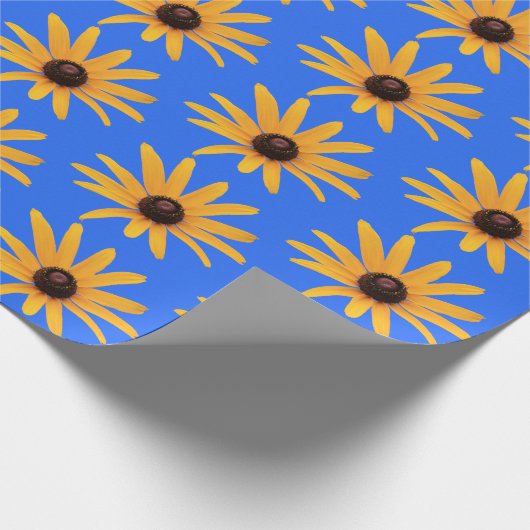 Papier Cadeau Pétales Jaunes Solaires Lumineux sur Bleu Royal (Coin)