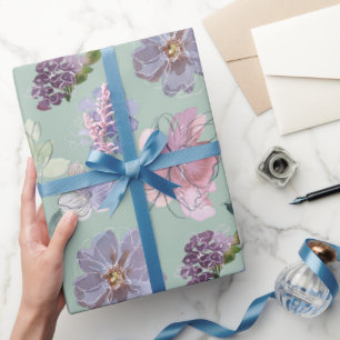 Papier Cadeau Pétales roses violettes Fond vert menthe