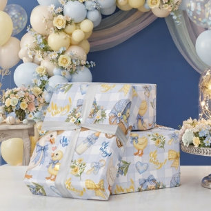 Papier Cadeau Petit Caneton à carreaux bleus Oh Bébé
