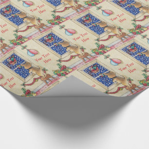 Papier Cadeau petit chiot brun mignon père Noël traîneau dans la