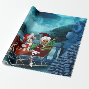 Papier Cadeau Petit chiot et elfe de Noël