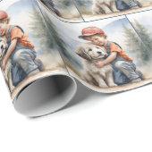Papier Cadeau Petit Garçon Accroché Chien Dans L'Aquarelle (Coin rond)