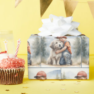 Papier Cadeau Petit garçon serrant un chien dans un tableau à l'