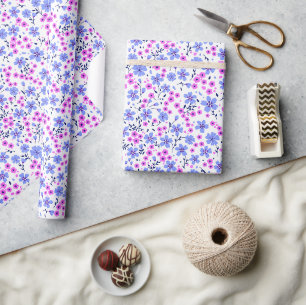 Papier Cadeau Petit motif floral blanc bleu rose mignon
