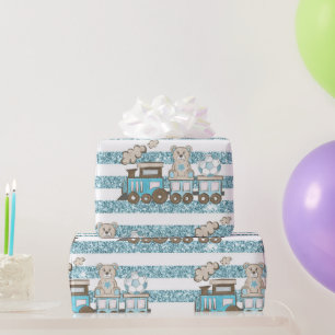 Papier Cadeau Petit ours en peluche bébé garçon douche bleu