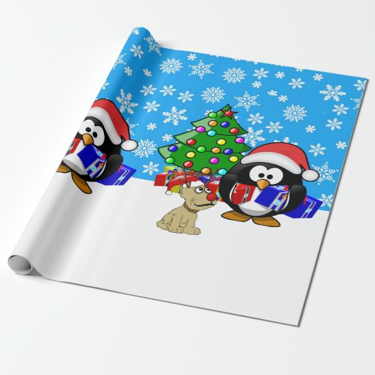 Papier Cadeau Petit Penguin Père Noël et Rindeer Chien (Déroulé)