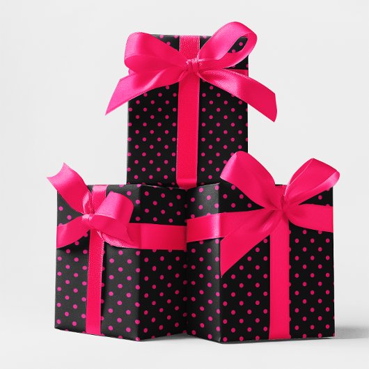 Papier Cadeau Petit point Polka noir et rose chaud