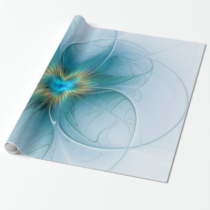 Papier Cadeau Petite Beauté Moderne Fleur d'Art Fractal Bleu Or