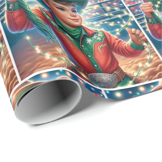 Papier Cadeau Petite Cowboy Twirling lumières de Noël (Coin rond)