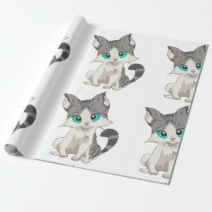 PAPIER CADEAU PETITE CUISINE GRIS ET BEIGE AUX YEUX BLEUS