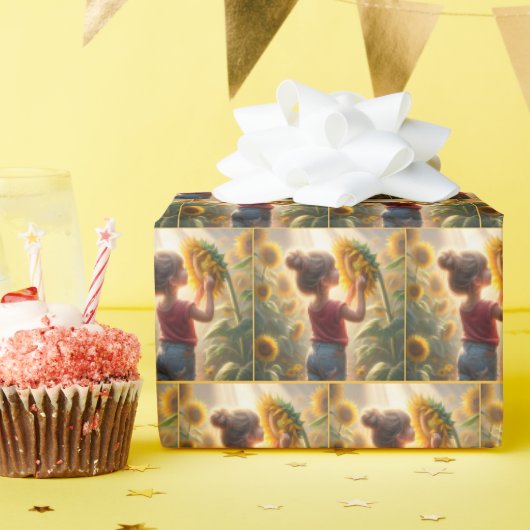 Papier Cadeau Petite fille au tournesol (Fête d'anniversaire)
