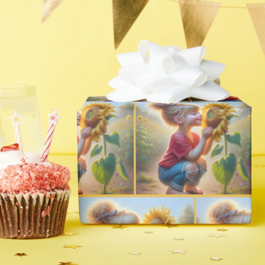 Papier Cadeau Petite fille au tournesol (Fête d'anniversaire)
