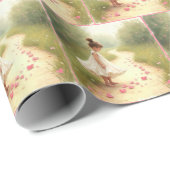 Papier Cadeau Petite fille aux coeurs roses sur un chemin droit (Coin rond)