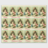 Papier Cadeau Petite fille aux roses roses roses, Saint Valentin (Plat)