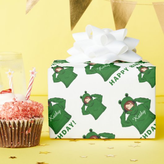 Papier Cadeau Petite fille avec grenouille verte Hoody Dessin An (Fête d'anniversaire)