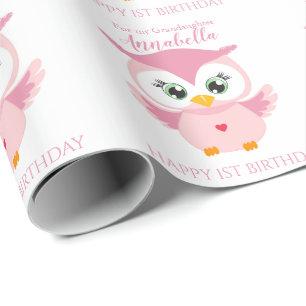 Papier Cadeau Petite fille Premier anniversaire Cute Pink Owl