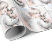 Papier Cadeau Petite fille tenant un lapin d'animal (Coin rond)