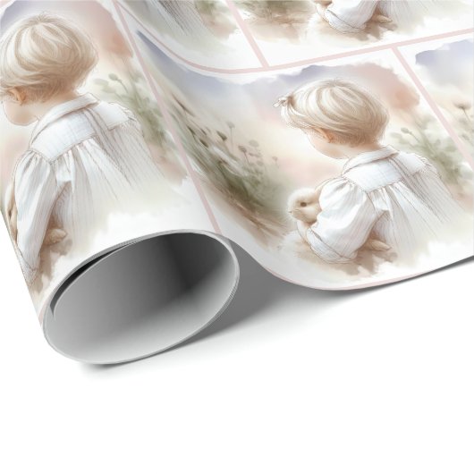 Papier Cadeau Petite fille tenant un lapin d'animal (Coin rond)