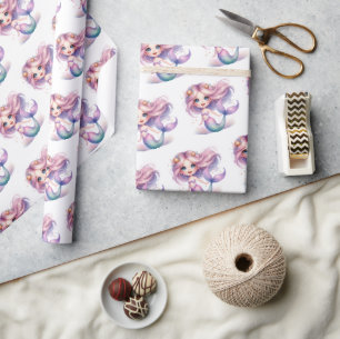 Papier Cadeau Petite sirène aquarelle violet turquoise