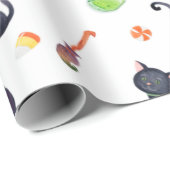 Papier Cadeau Petite sorcière d'Halloween, chat noir et mignonne (Coin rond)