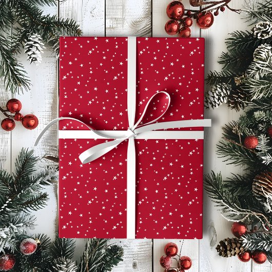 Papier Cadeau Petites Étoiles blanches à Noël rouge