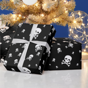 Papier Cadeau Petits crânes de pirates blancs sur fond noir