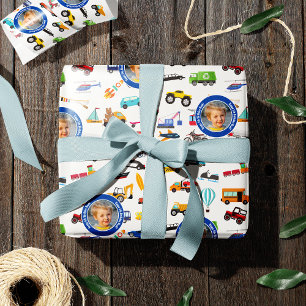 Papier Cadeau Petits Garçons Qui Déplacent Voitures Véhicules Ph